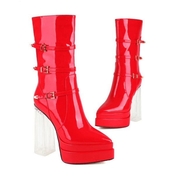 Mid-calf glossy boots with a transparent heel