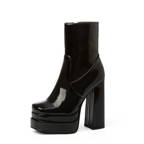 Glossy platform black ankle boots