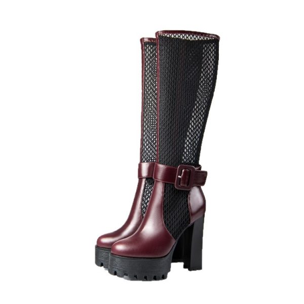 Red wine knee-high boots with mesh