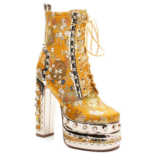 Platform ankle boots with flower brocade design