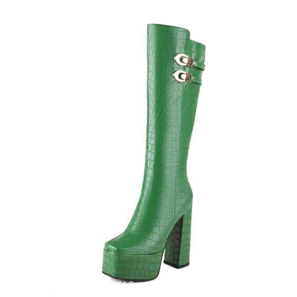 Crocodile skin knee-high boots
