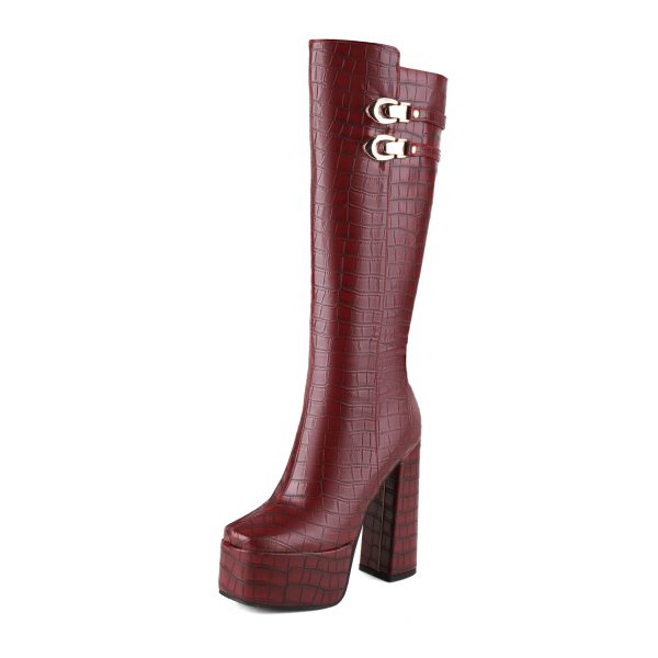 Crocodile skin knee-high boots